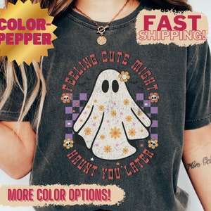 Retro Comfort Colors Halloween Feelin Cute Shirt, Cute Ghost Tee, Spooky Season Retro Fall T-Shirt, Floral Ghost, Vintage Halloween TShirt
