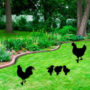 May include: Black metal silhouettes of a rooster, hen, and chicks in a grassy yard. The silhouettes are placed on stakes and are a decorative garden accent.