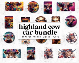 50+ Highland Cow Car Mega Bundle, License Plate, Car Coasters, Air Freshener, Air Freshie, Car Sublimation Templates, Digital Download, PNG