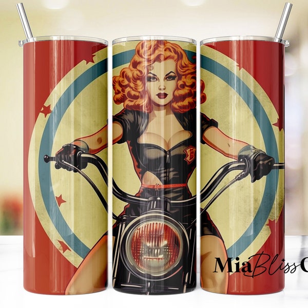 Vintage Biker Pinup Girl 20oz Skinny Tumbler Sublimation Designs - Vintage Retro Girls, Straight & Tapered Skinny Wraps for Tumblers Png