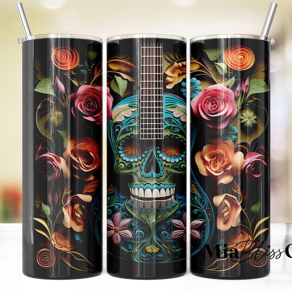 Guitar Sugar Skull Day Of The Dead 20oz Skinny Tumbler Sublimation Designs - Straight & Tapered Skinny Wraps for Tumblers PNG
