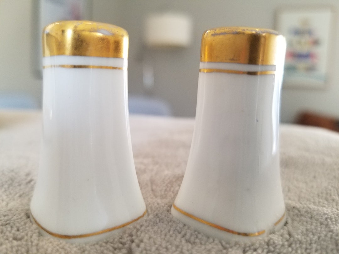 Antique Limoges Miniature Salt and Pepper Shakers With Gold Rimmed Tops