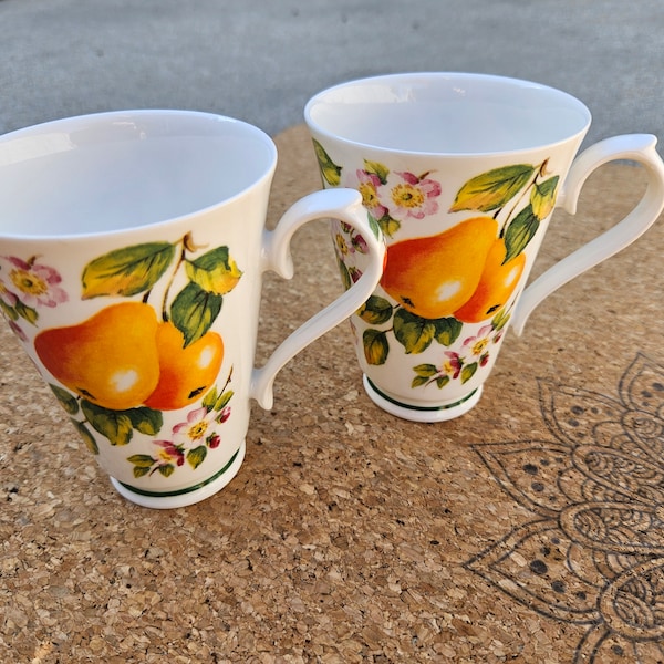 Fine Bone China Tea Cups with Fruit and Flowers Motif- a pair