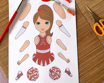 Colored Articulated Cheerleader Paper Doll Digital Download
