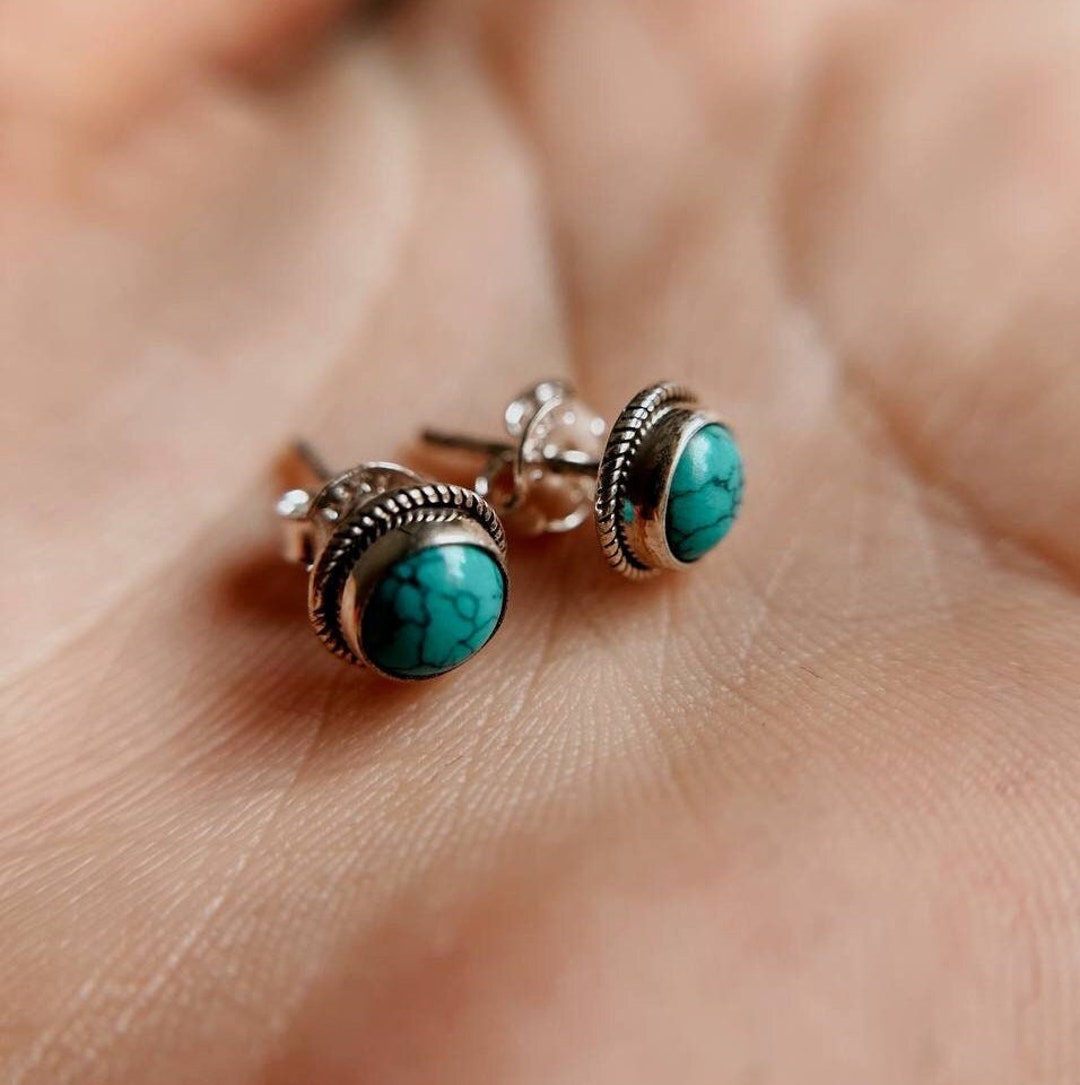 Turquoise Stud Earrings, 925 Sterling Silver Gemstone Earring 6 MM, Minimalist Turquoise