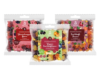 3er-Set 150g leckere Fruchtgummi | Sternschnuppen Bären, Fruchtsaftherzen und Vegane Fruchtgummis | Zum Verschenken | Party-Paket