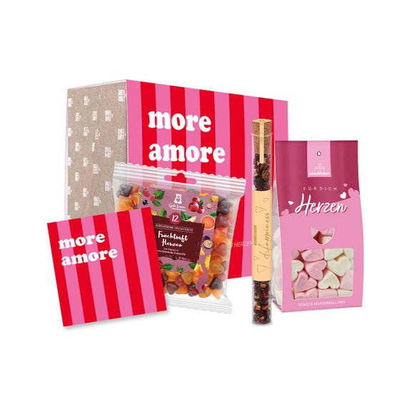 More Amore Geschenkbox | Süßes Liebesgeschenk mit Fruchtsaft Herzen, Marshmallow Herzen Für Dich & Tee Happiness | Valentinstagsgeschenk