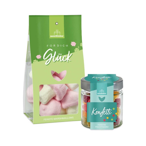 2er Set Silvester Marshmallows Viel Glück + Fruchtgummi Konfetti | Geschenk für Neujahr | Gummibärchen Geschenk für Silvester