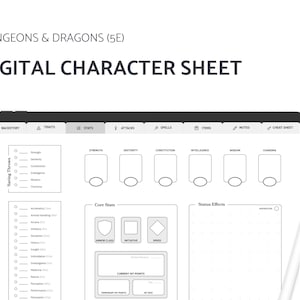 Ficha de Personagem Digital de D&D e Diário de Personagem para Dragons and Dragons 5e (PDF Preenchível, iPad, Goodnotes, Notability) - Design Minimalista