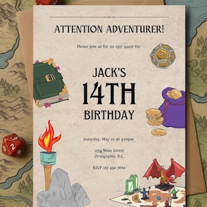 Sjabloon D&D verjaardagsuitnodiging, Dungeons and Dragons-feestuitnodiging, bewerkbare canva downloaden, RPG-bordspel thema digitale uitnodiging