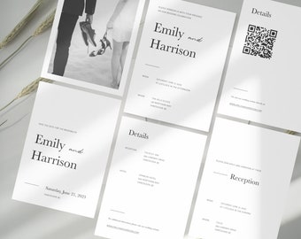 Moderne trouwkaartset, minimalistische bruidssuite, afdrukbare of digitale huwelijksuitnodigingen, bewerkbare sjabloon op canvas