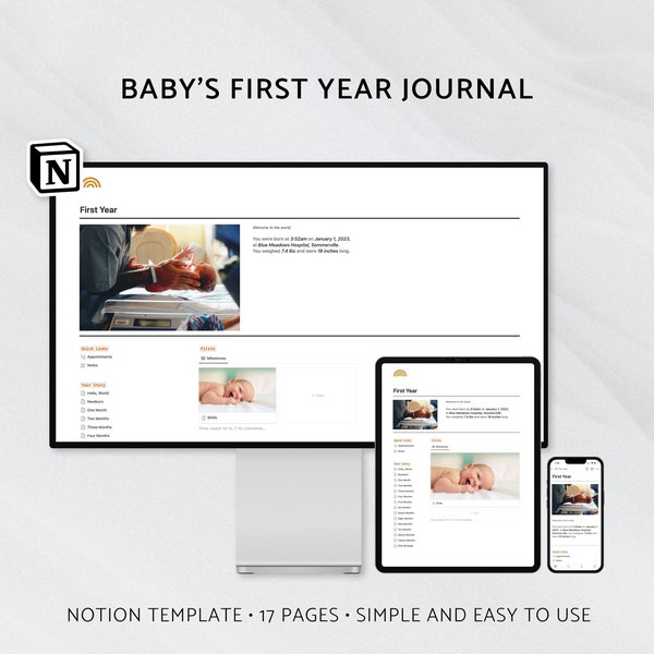 Modèle de notion de journal numérique de première année de bébé, de journal de maman, de suivi de bébé et de journal de jalons