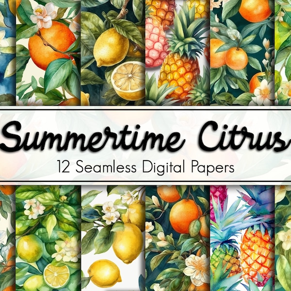 Summertime Citrus, Lemons, Lime, Tangerines, and Pineapples Seamless Pattern, Repeating Background, Watercolor Digital Paper, Fruit Pattern