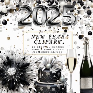 Clipart nouvel an argent et noir 2024 - friandises du nouvel an et motifs scintillants du nouvel an au format PNG - usage commercial autorisé