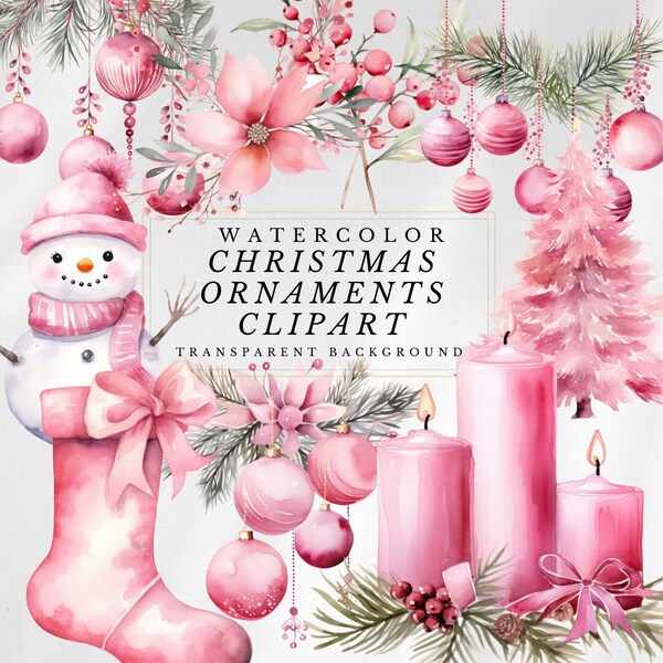 Whimsical Watercolor Christmas Ornament Clipart in pink hues includes Christmas tree ornament - DIY Holiday Crafts for instant download