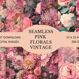 Pink Florals Vintage, Naadloos bloesem afdrukbaar digitaal papier in jpg-formaat, 300 dpi