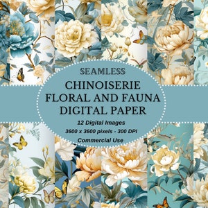 Elegante carta digitale cineserie ispirata alla carta digitale cinese con farfalle e peonie in verde acqua e giallo - perfetta per progetti fai da te