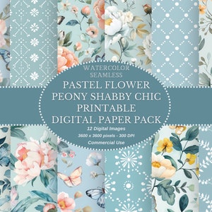 Carta digitale con fiori pastello ad acquerello, peonia senza cuciture, confezione di carta stampabile shabby chic vintage, carta per album in stile cottage floreale pastello