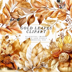 Elegante bladgouden clipart met gouden krans clipart en eenvoudige bladgouden arrangementen - perfect voor doe-het-zelf ambachten, commercieel gebruik toegestaan