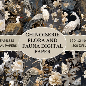 Elegante zwarte en gouden chinoiserie kraanvogel en bloemen digitale papieren - perfect voor ambachten en ontwerpprojecten