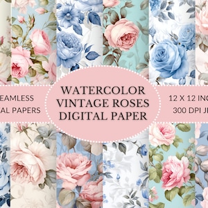 Op vintage geïnspireerde roze en blauwe vintage roos digitaal papier, naadloos shabby chic afdrukbaar papierpakket, plakboek ongewenste dagboek