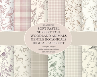 Soft Pastel Nursery Toile Digital Paper with Woodland Animals Gentle Botanicals Digital Download