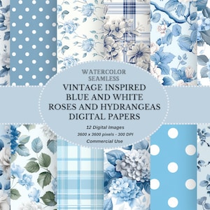 Papel digital de rosa y hortensia vintage azul y blanco de inspiración vintage, conjunto de papel digital floral Shabby Chic sin costuras, papel de álbum de recortes