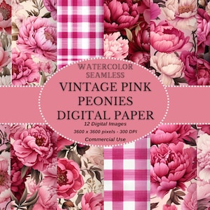 Vintage Rosa Pfingstrosen Digitale Papier Sammlung - Wunderschönes Blumen Dekoriertes Digitales Papier Set für Scrapbooking, DIY Basteln und Mehr