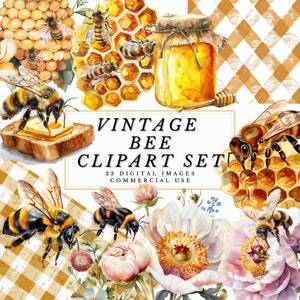 Vintage Bienen Clipart Set - Kunstvolle Grafiken und Wabendesigns - Florale Bienen Clipart - Sofortiger digitaler Download