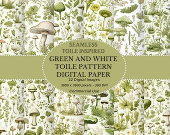 Toile Inspired Green and white seamless digital download, with Mushroom, Floral and Foliage elements Printable digital paper