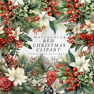 Vintage Red Christmas Clip Art: Retro-stijl decembermaand Bloemen voor doe-het-zelfprojecten, downloadbare kerstclipart in digitaal PNG-formaat