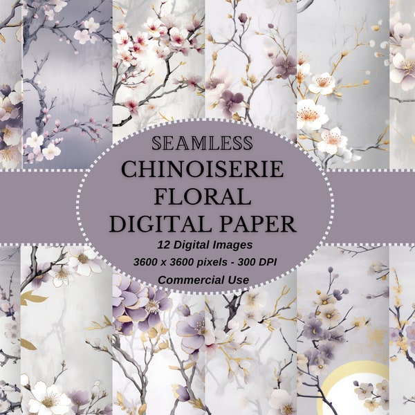 Chinoiserie Digital Paper, Asian Digital Paper, Oriental Floral - Plum Blossoms in Elegant Pastel for instant download