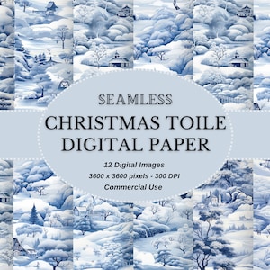 Weihnachten Toile Digitales Papier - Blaue und weiße Winterszenen nahtlose Muster für den kommerziellen Gebrauch, druckbare Weihnachtspapiere in JPEG