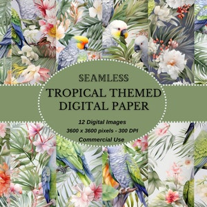 Digitale papiercollectie chinoiserie - Levendige tropische bloemen- en vogelpatronen in groen palet voor doe-het-zelvers voor directe download