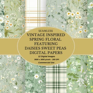 Può includere: Un set di 12 carte digitali con un design floreale primaverile di ispirazione vintage con margherite e piselli dolci. Le carte sono senza cuciture e sono disponibili in una varietà di colori, tra cui verde, bianco e giallo. Le carte sono 3600 x 3600 pixel e 300 DPI. Sono per uso commerciale.