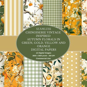Chinoiserie inspiriert Herbst Blumen Digital Paper Set - Grün Gold Orange Gelb - Shabby Chic Printable Instant Download