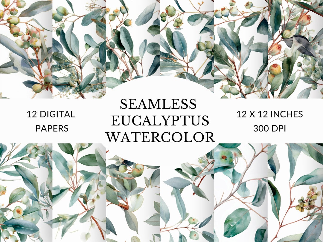 Eucalyptus Watercolor Paper, Seamless Greenery Scrapbook Paper (digital ...