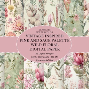 Carta digitale floreale selvatica rosa acquerello vintage Carta stampabile shabby chic senza cuciture Carta per album floreale con tavolozza rosa e verde salvia