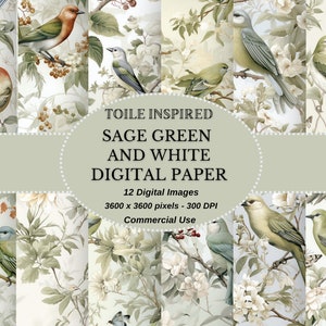 Toile Inspired Sage Green and White floral and fauna seamless digital download, Printable digital paper in JPEG format for instant download