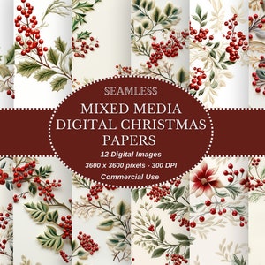 Herunterladbare Weihnachtspapiere: Geblümte Papiere mit Weihnachtsstechpalme digitale Papiere in Rot und Weiß, perfekt für DIY-Projekte
