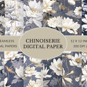 Chinoiserie Digital Paper, Oriental Digital Paper, French inspired Chinoiserie Indigo, Blue Grey and White Paper for instant download