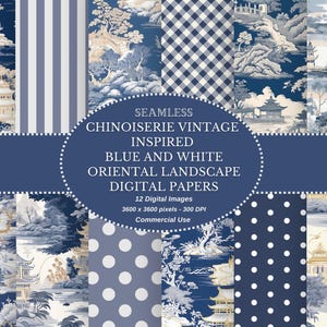 Chinoiserie Digital Paper: Blue & White Landscape (Digital Download, 12x12in JPEG Set)