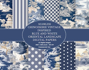 Chinoiserie Digital Paper: Blue & White Landscape (Digital Download, 12x12in JPEG Set)