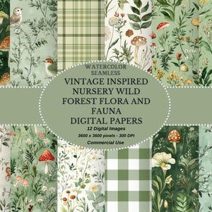 Papeles digitales de inspiración vintage con diseño de fauna y flora silvestres para viveros, juego de papeles para álbumes de recortes con una paleta verde sin costuras, estilo shabby chic, descarga digital