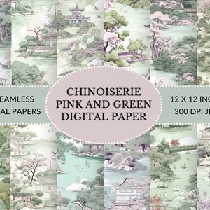 Chinoiserie Digital Paper, Oriental Digital Paper, French inspired Chinoiserie Landscape Indigo Pink and Green Paper for instant download