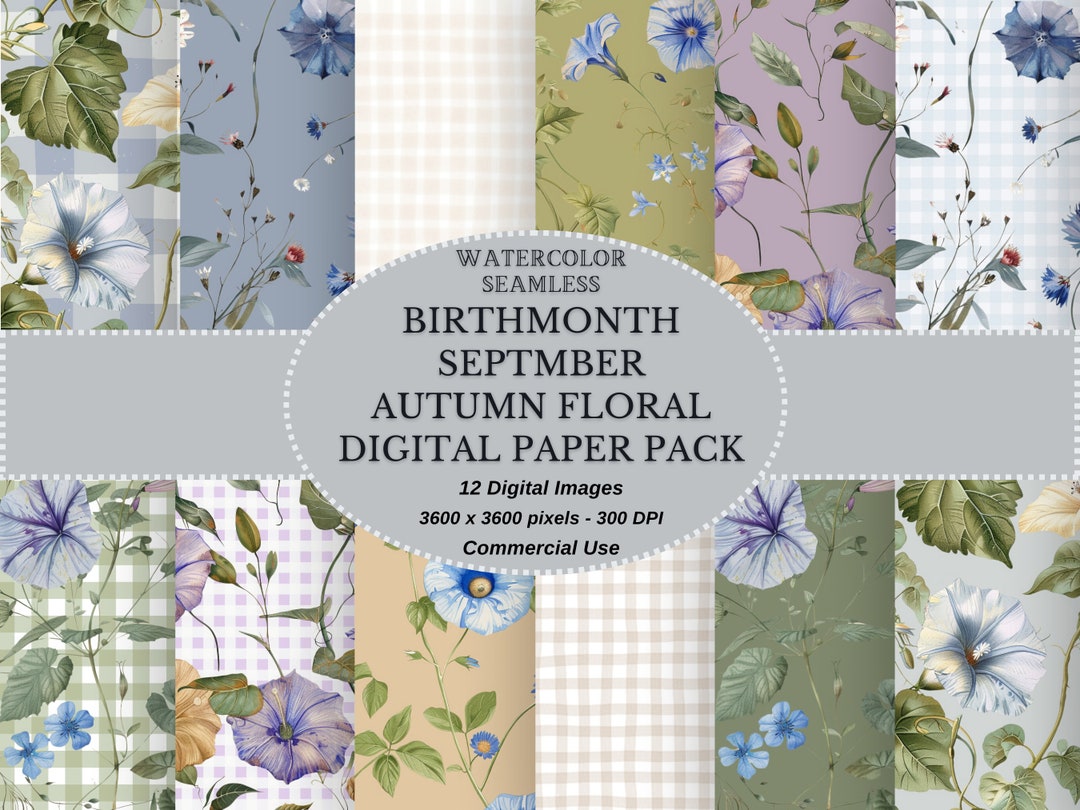September Color Patterns September Birth Month Floral Digital Paper: Vintage Watercolor Patterns ...
