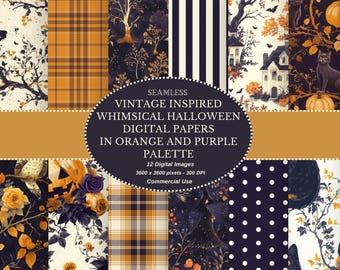 Vintage Halloween Digital Paper Set: Whimsical Orange & Purple Designs (Instant Download)