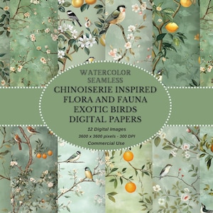 Groene chinoiserie geïnspireerd op flora en fauna digitaal papier - shabby chic plakboek voor directe download