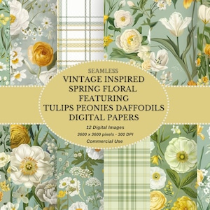 Papeles digitales con motivos florales de primavera inspirados en la época vintage: colección de papeles imprimibles con estampados de cuadros en tonos tierra, verde y amarillo