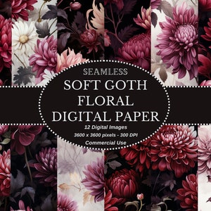 Carta digitale senza cuciture Moody Dark Floral con crisantemo bordeaux: morbido medley floreale gotico in tavolozza scura per progetti fai da te